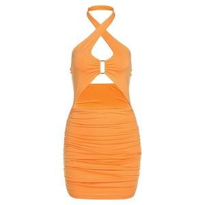 Sexy orange cross over halter hollow out minidress